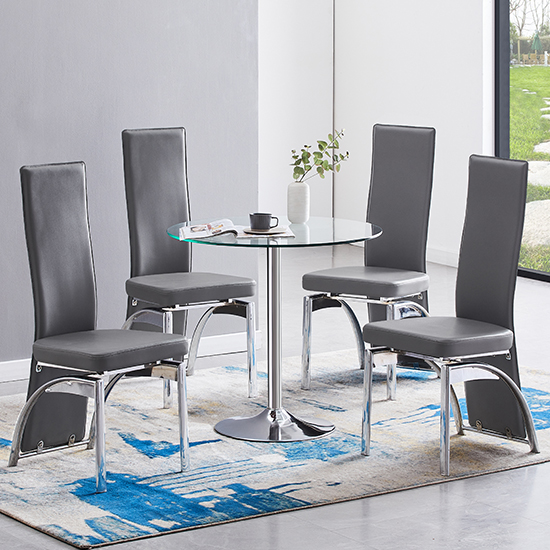 Read more about Dante clear glass dining table with 4 romeo grey chairs