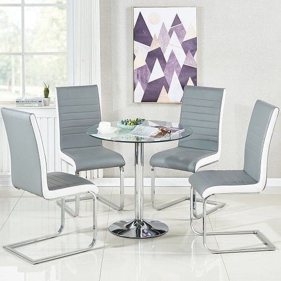 Photo of Dante glass dining table and 4 symphony grey and white chairs