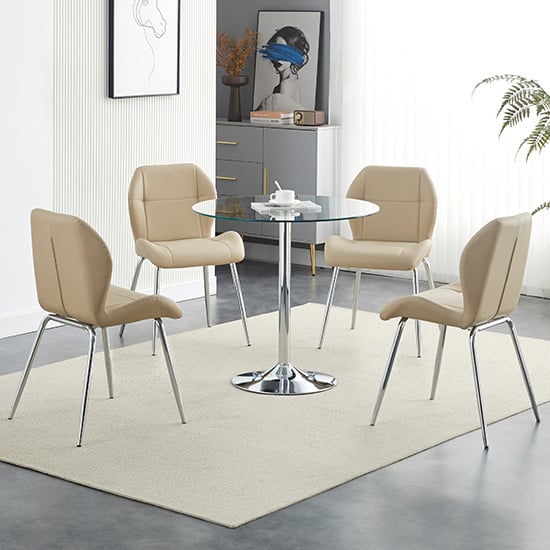 Product photograph of Dante Clear Glass Dining Table With 4 Darcy Taupe Chairs from Furniture in Fashion