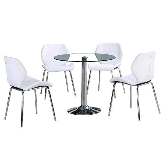 Dante Glass Dining Table In Clear With 4 White Dinky Chairs_2