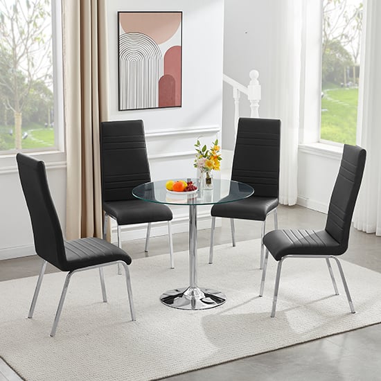 Product photograph of Dante Round Clear Glass Dining Table With 4 Dora Black Chairs from Furniture in Fashion