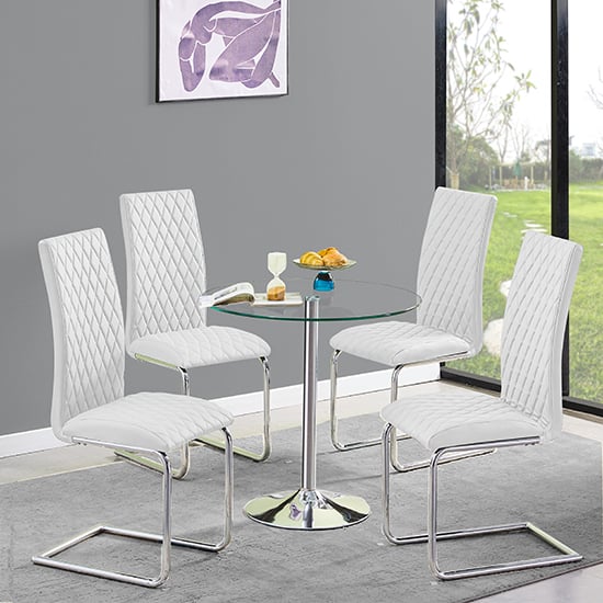 Product photograph of Dante Round Clear Glass Dining Table With 4 Ronn White Chairs from Furniture in Fashion