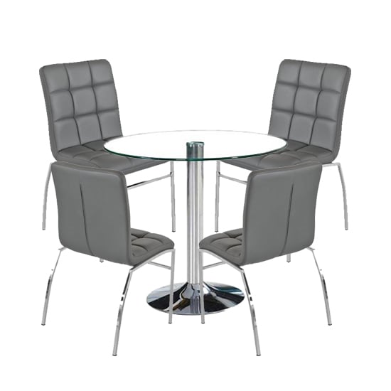 Read more about Dante round glass dining set with 4 grey pu leather coco chairs