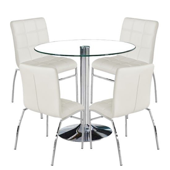 Read more about Dante round glass dining set with 4 white pu leather coco chairs