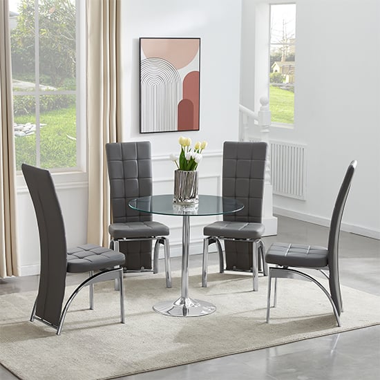 Dante Round Glass Dining Table With 4 Ravenna Grey Chairs_1