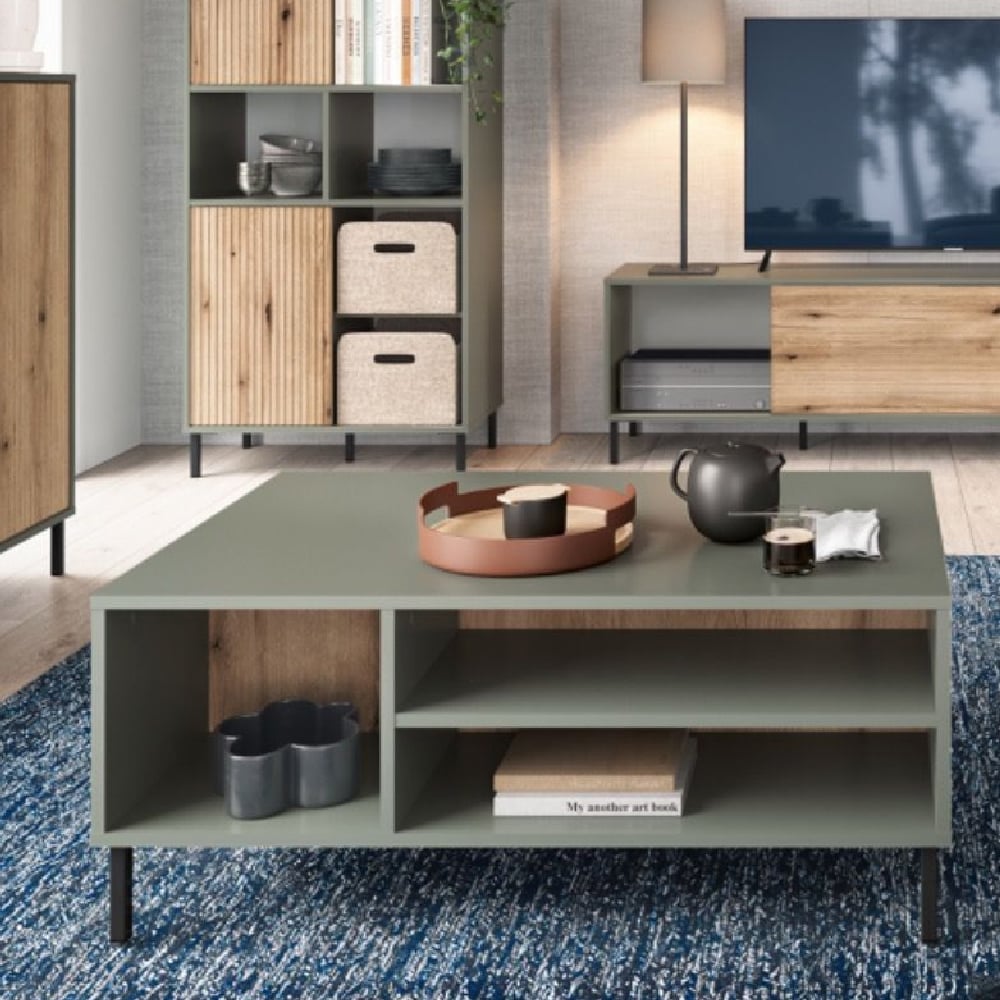 Read more about Danville wooden coffee table with 3 shelves in green and oak