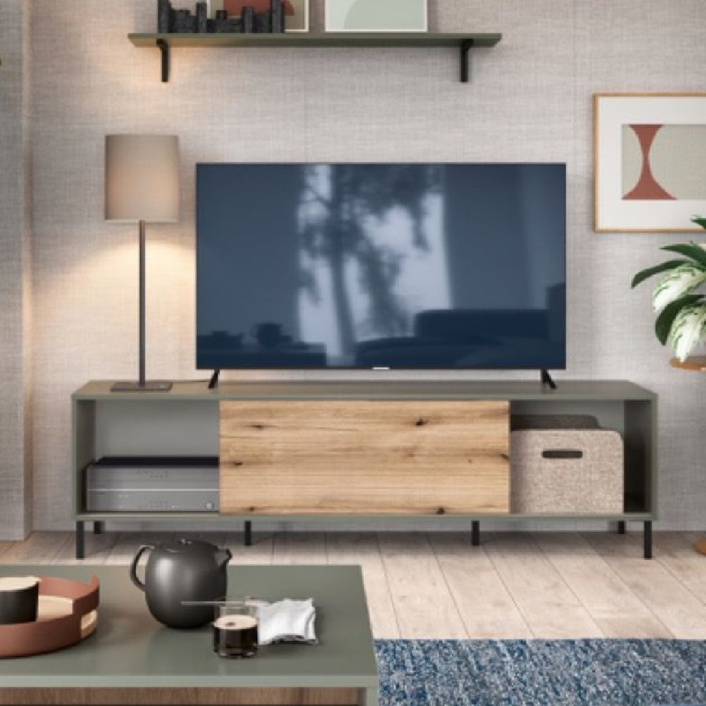 Read more about Danville wooden small tv stand with 1 sliding door in green oak