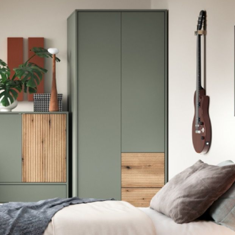 Danville Wooden Wardrobe With 2 Doors 2 Drawers In Green And Oak