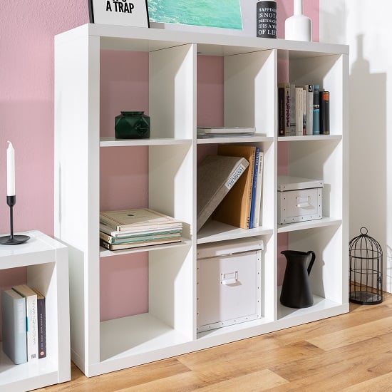 Darby Shelving Unit Wide In White High Gloss With 9 Compartments_1