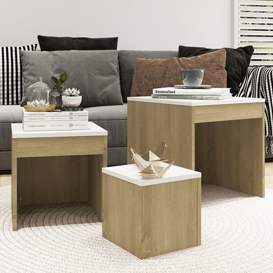 Photo of Darice wooden nest of 3 tables in white and sonoma oak