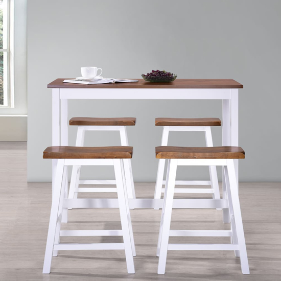 Darla Wooden Bar Table With 4 Bar Stools In Brown And White