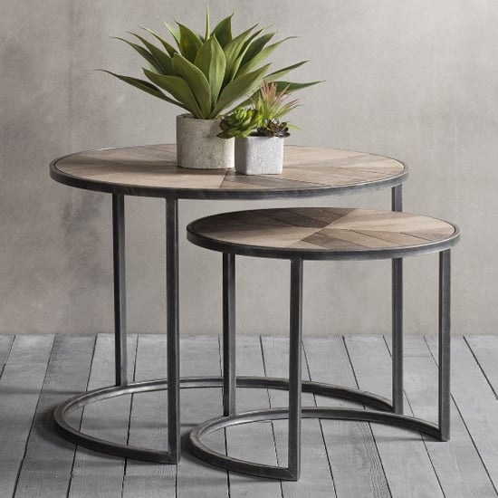 Product photograph of Daugla Wooden Set Of 2 Coffee Tables With Metal Base In Natural from Furniture in Fashion