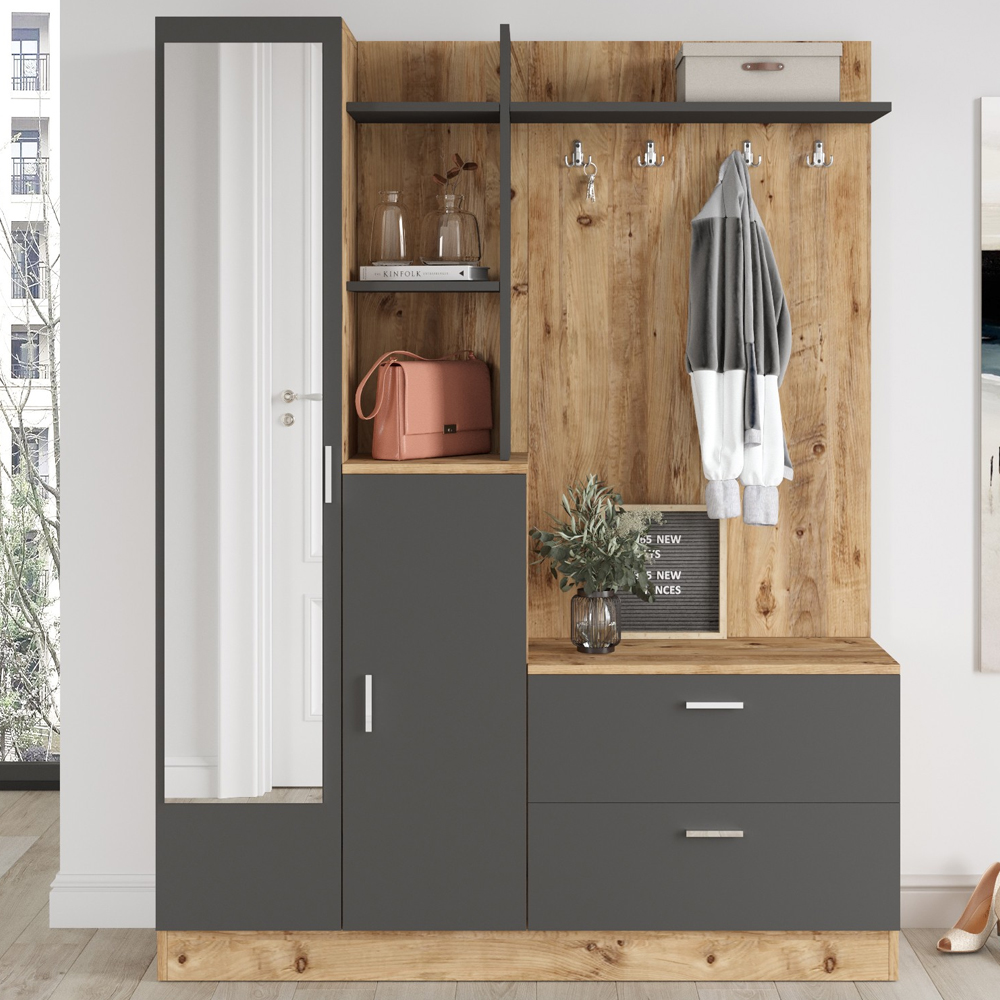 Davero Wooden Hallway Storage Cabinet With 1 Glass Door 2 Drawers In Atlantic Pine And Anthracite