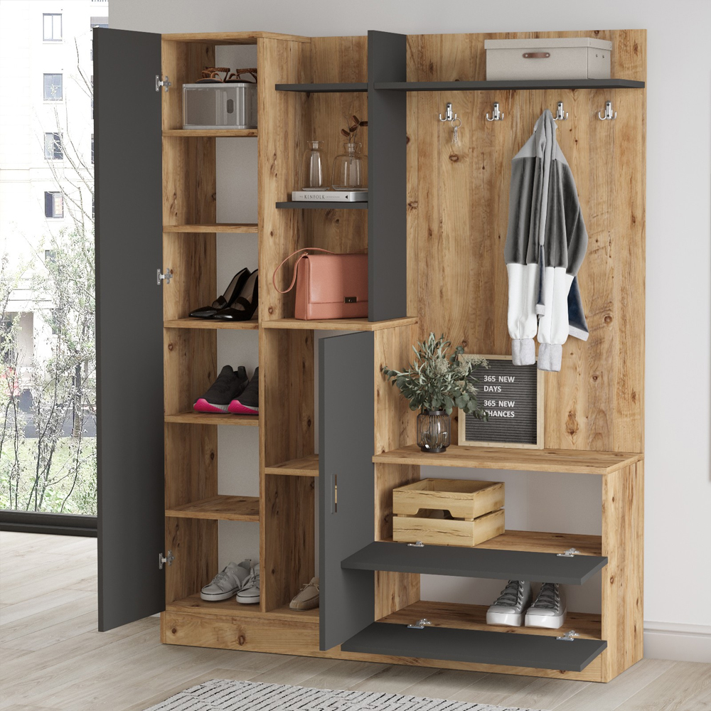 Davero Wooden Hallway Storage Cabinet With 1 Glass Door 2 Drawers In Atlantic Pine And Anthracite