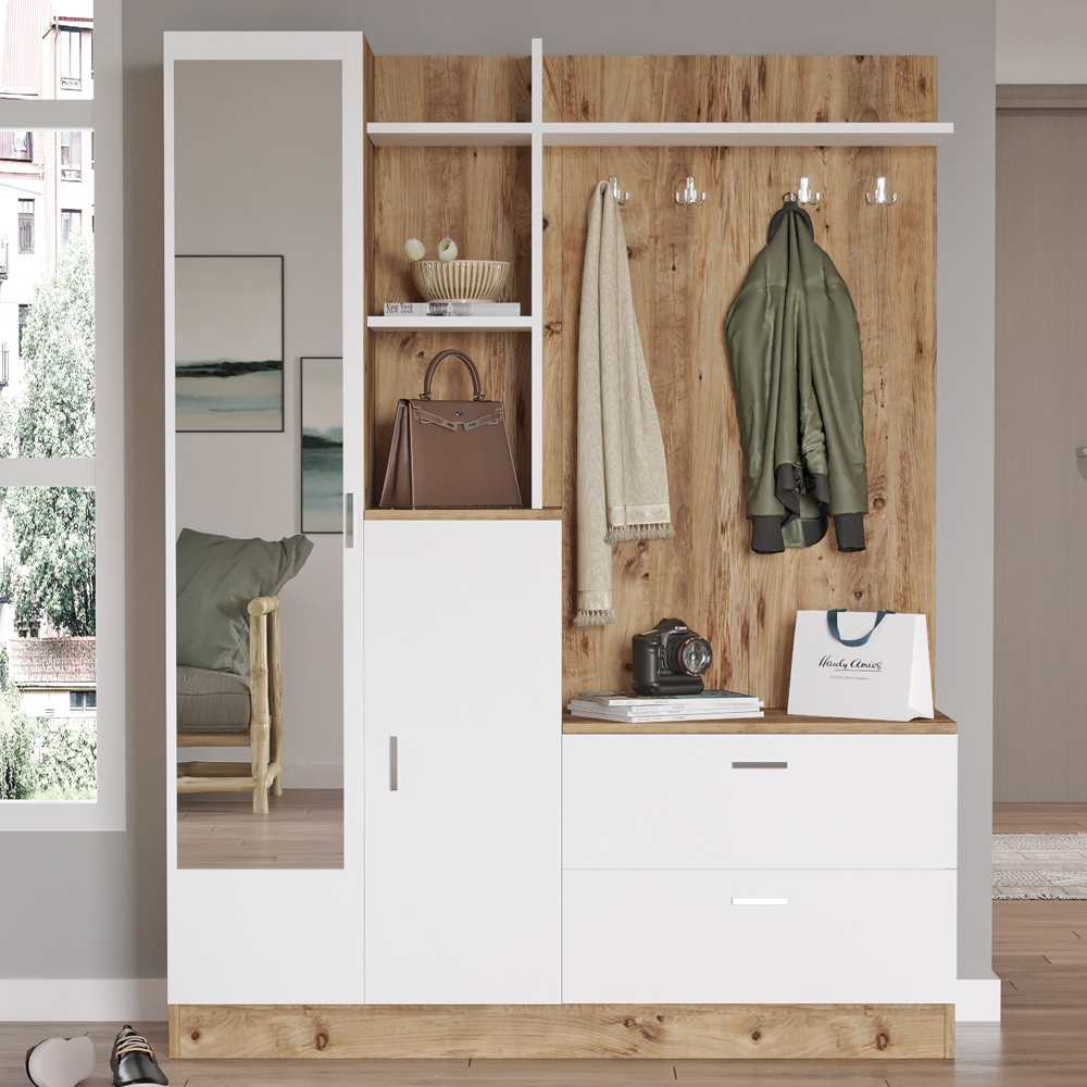 Davero Wooden Hallway Storage Cabinet With 1 Glass Door 2 Drawers In Atlantic Pine And White