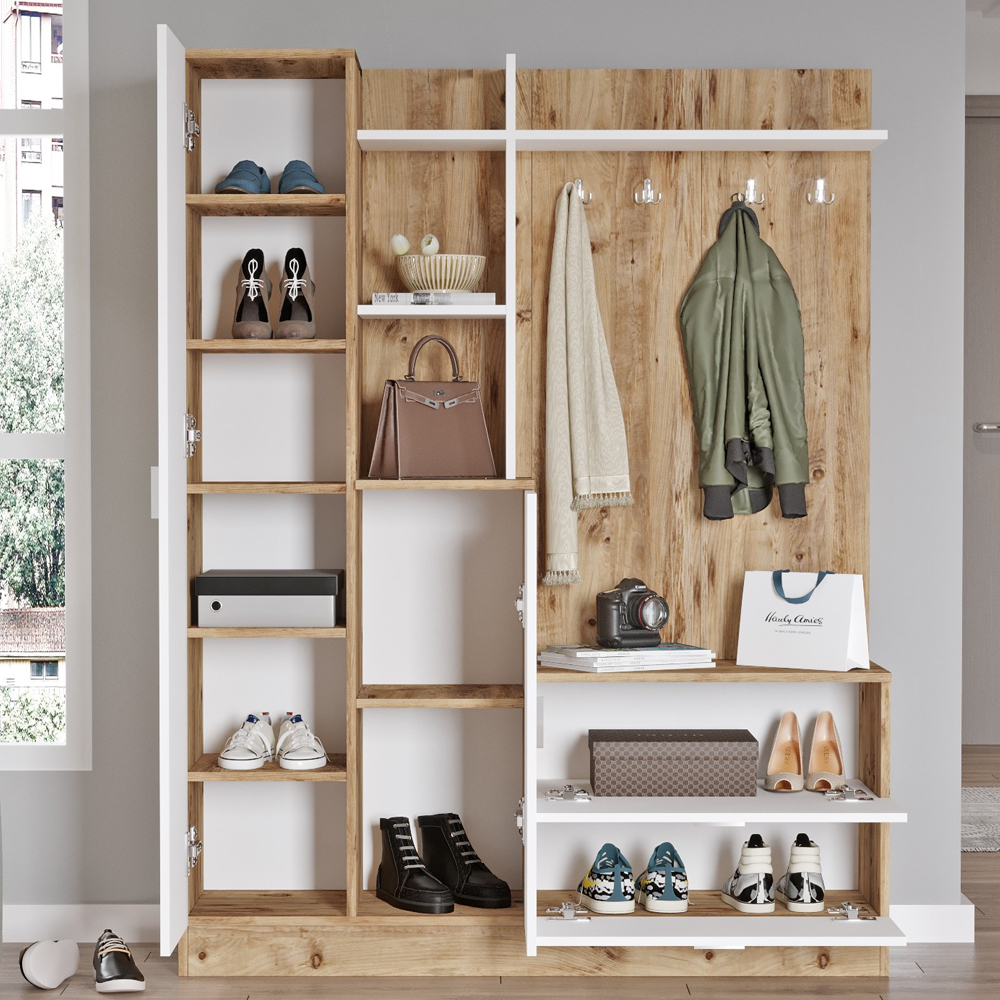 Davero Wooden Hallway Storage Cabinet With 1 Glass Door 2 Drawers In Atlantic Pine And White