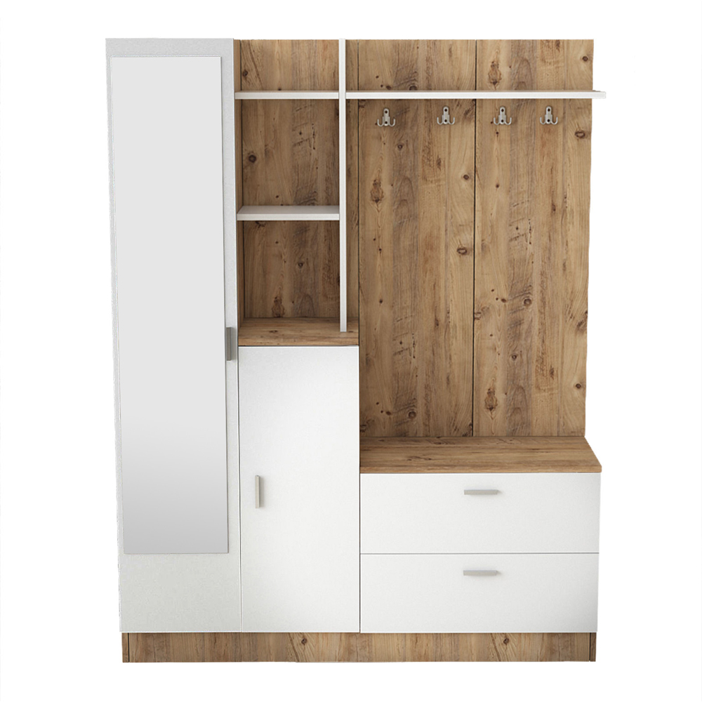 Davero Wooden Hallway Storage Cabinet With 1 Glass Door 2 Drawers In Atlantic Pine And White