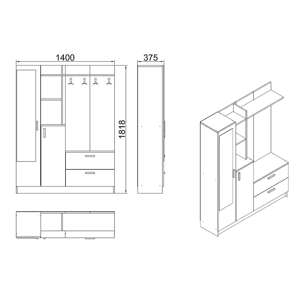 Davero Wooden Hallway Storage Cabinet With 1 Glass Door 2 Drawers In Atlantic Pine And White