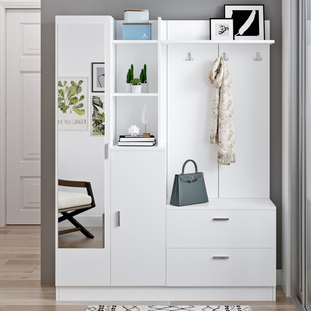 Davero Wooden Hallway Storage Cabinet With 1 Glass Door 2 Drawers In White