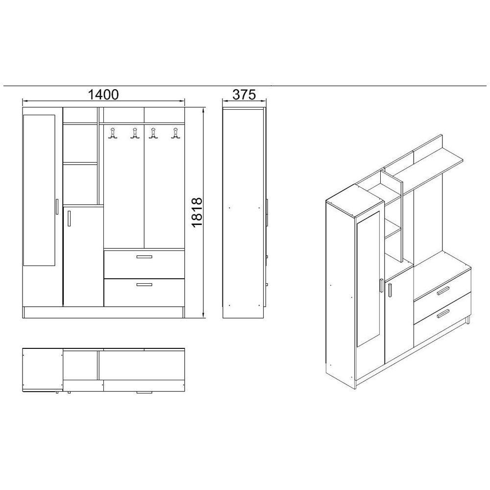 Davero Wooden Hallway Storage Cabinet With 1 Glass Door 2 Drawers In White