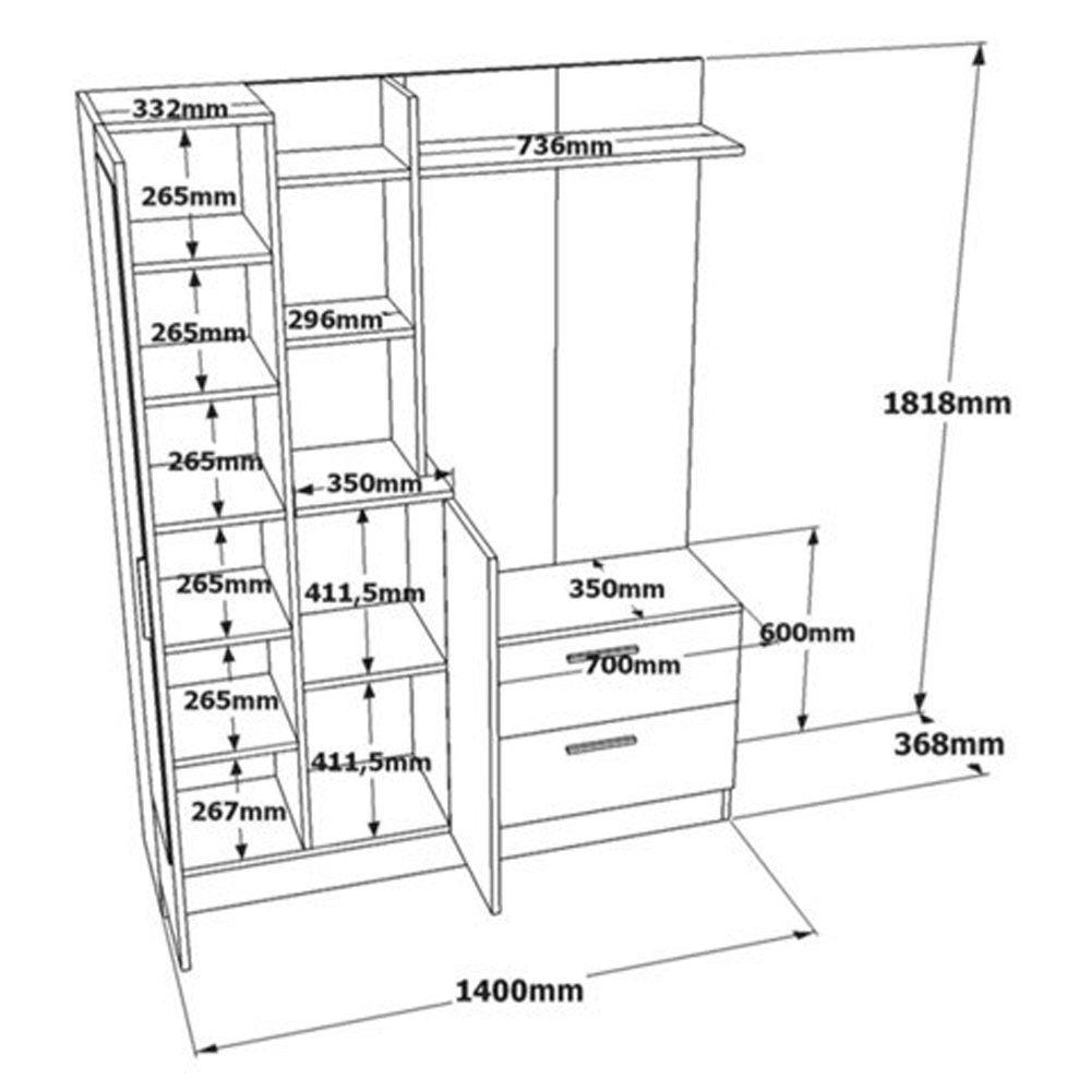 Davero Wooden Hallway Storage Cabinet With 1 Glass Door 2 Drawers In White