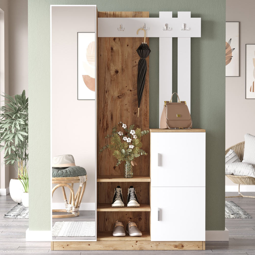 Davero Wooden Hallway Storage Cabinet With 1 Glass Door 3 Shelves In White And Atlantic Pine