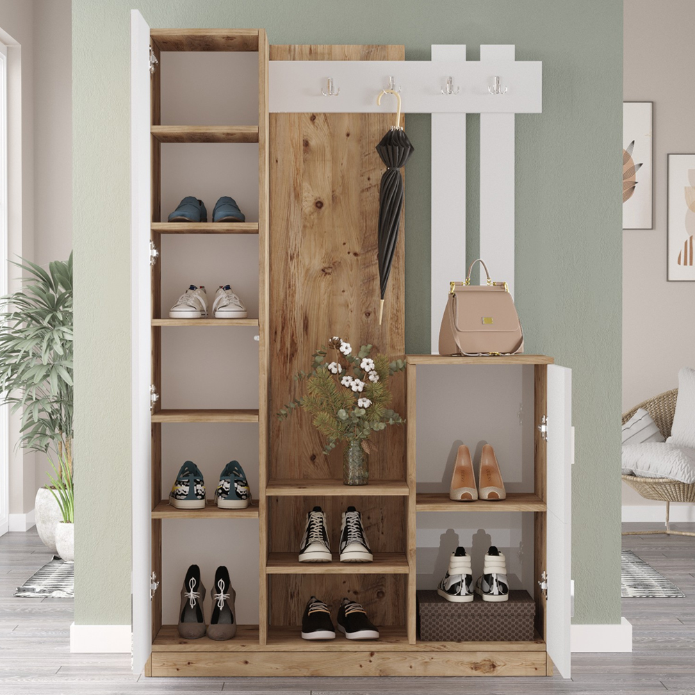 Davero Wooden Hallway Storage Cabinet With 1 Glass Door 3 Shelves In White And Atlantic Pine