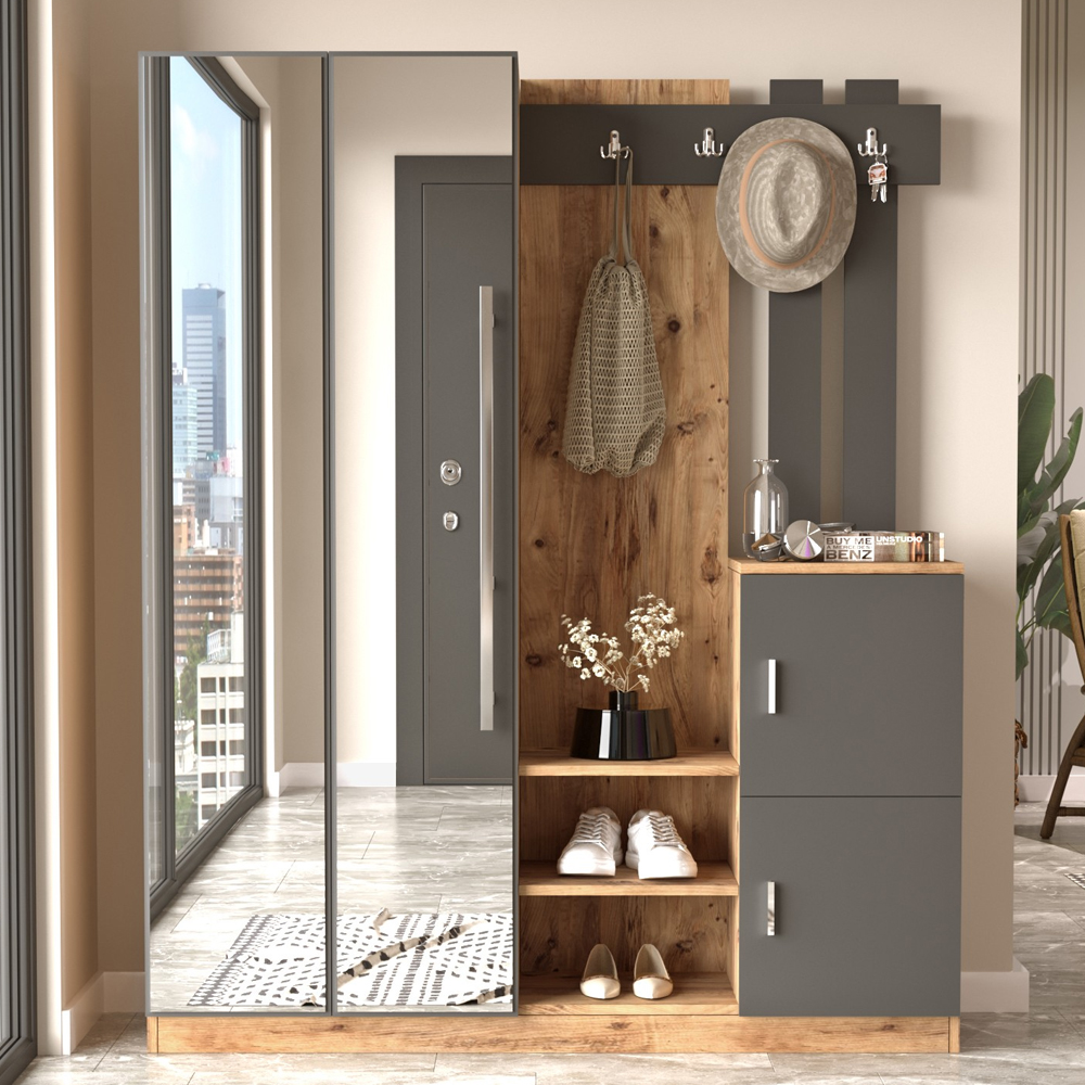 Davero Wooden Hallway Storage Cabinet With 2 Glass Doors In Atlantic Pine And Anthracite