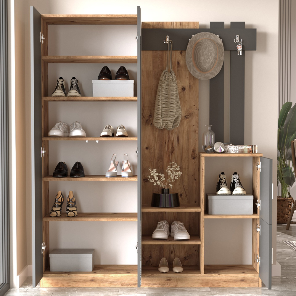 Davero Wooden Hallway Storage Cabinet With 2 Glass Doors In Atlantic Pine And Anthracite