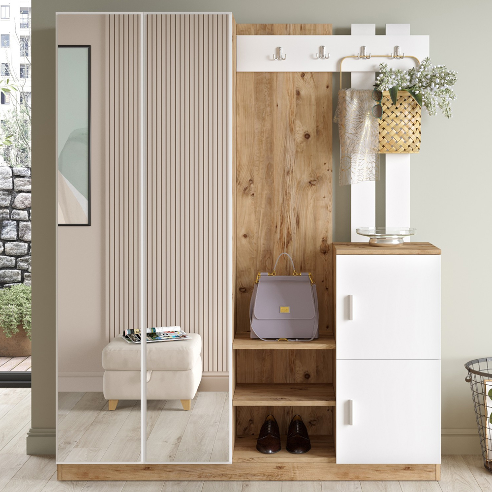 Davero Wooden Hallway Storage Cabinet With 2 Glass Doors In Atlantic Pine And White
