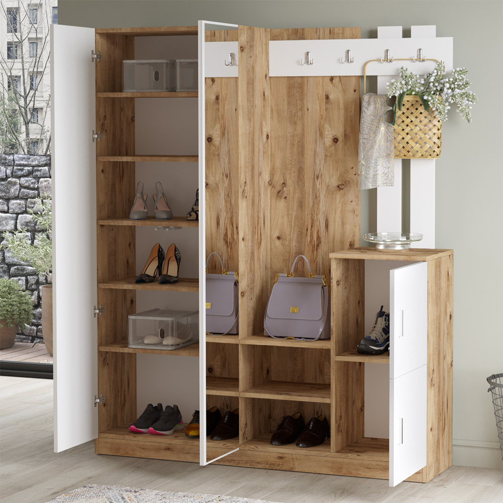 Davero Wooden Hallway Storage Cabinet With 2 Glass Doors In Atlantic Pine And White
