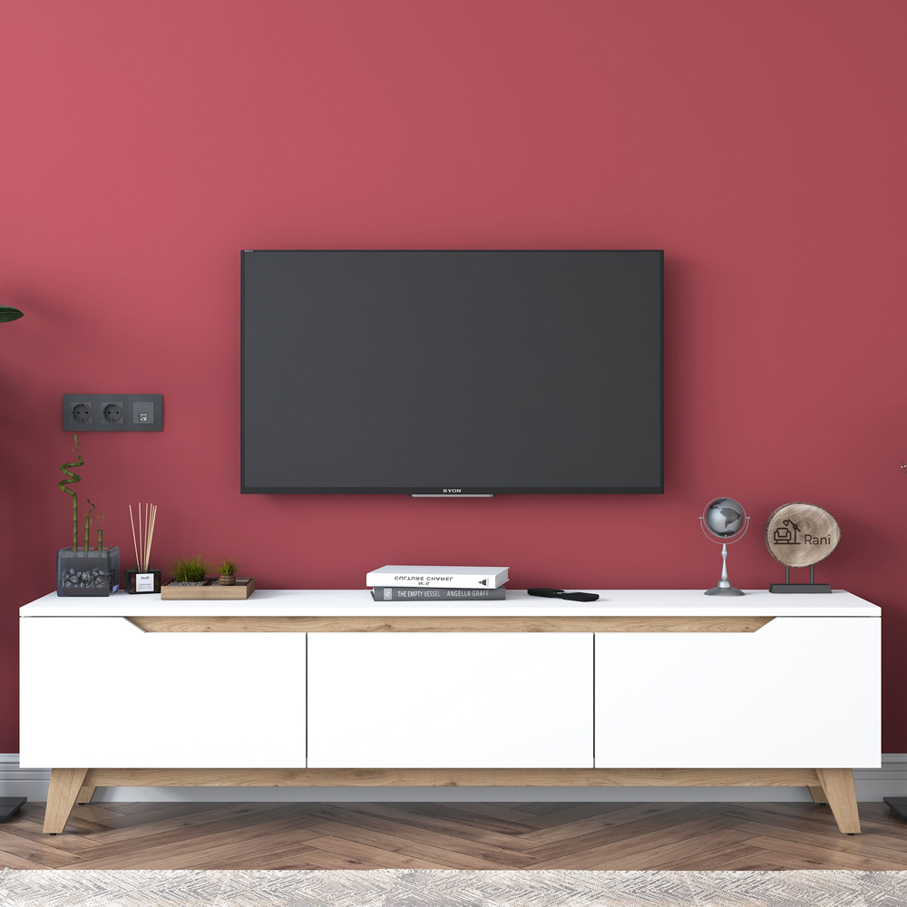 Davian Wooden TV Stand With 3 Doors In White And Oak