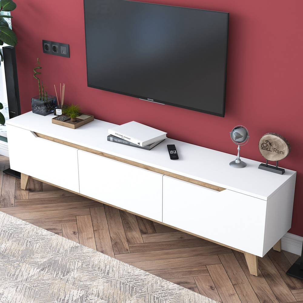 Davian Wooden TV Stand With 3 Doors In White And Oak