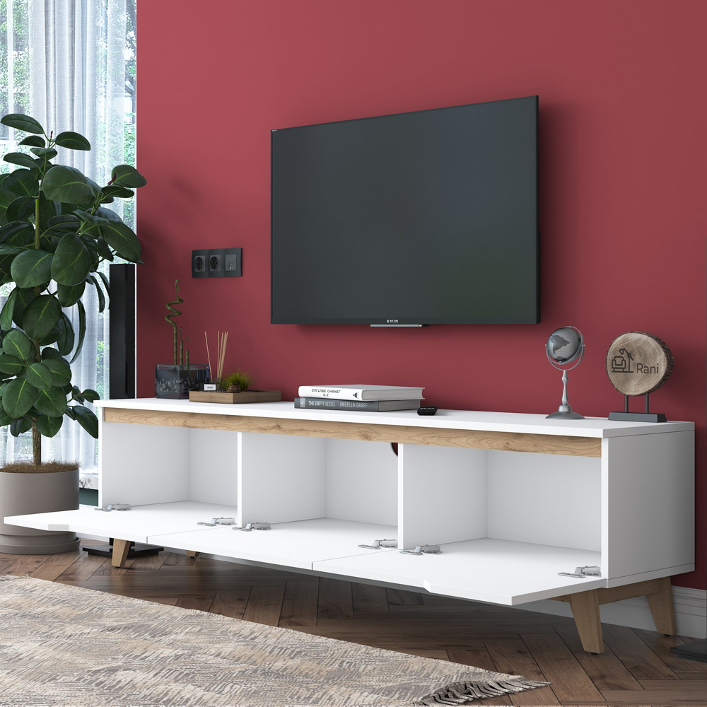 Davian Wooden TV Stand With 3 Doors In White And Oak