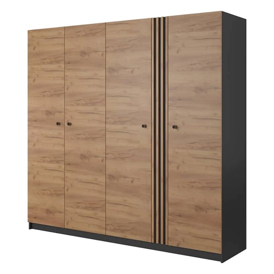 Read more about Davis wooden wardrobe with 4 hinged doors in golden oak and led