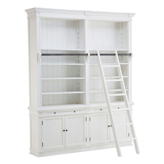 Davoca Large Wooden 2 Sections Bookcase With Ladder In White FiF