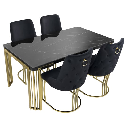 Product photograph of Davos Dining Table Black Gold 4 Brixen Black Velvet Chairs from Furniture in Fashion