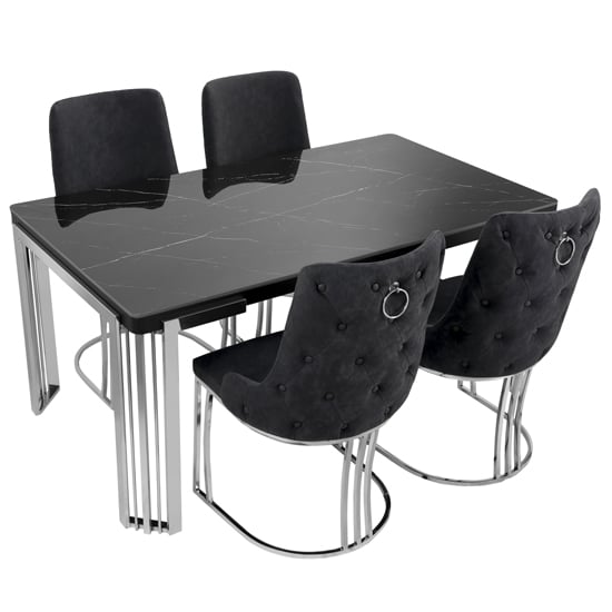 Davos Dining Table Black Silver 4 Brixen Black Velvet Chairs