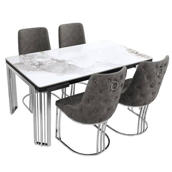 Davos Dining Table White Silver 4 Brixen Grey Faux Leather Chairs