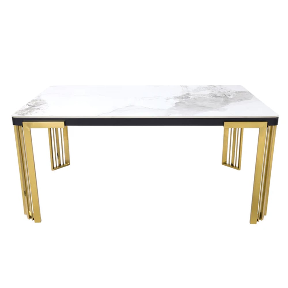 Davos Large White Sintered Stone Dining Table With Gold Frame