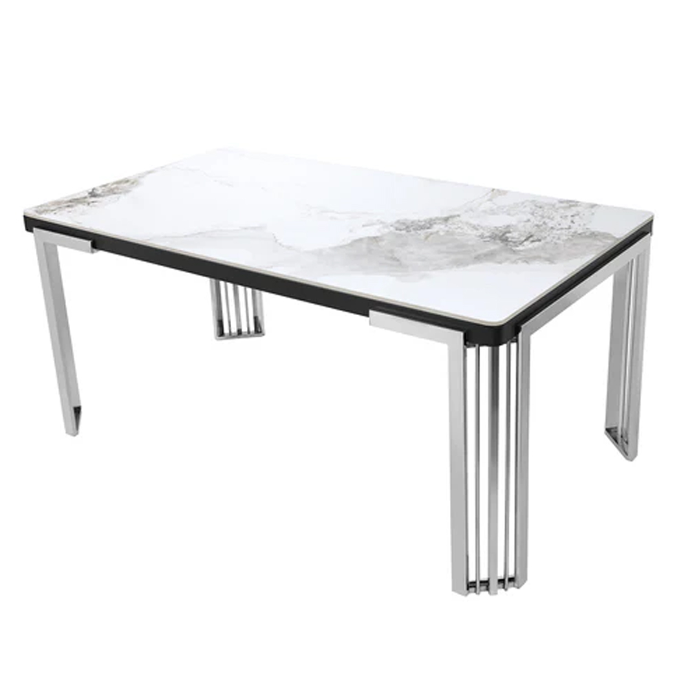 Davos Large White Sintered Stone Dining Table With Silver Frame