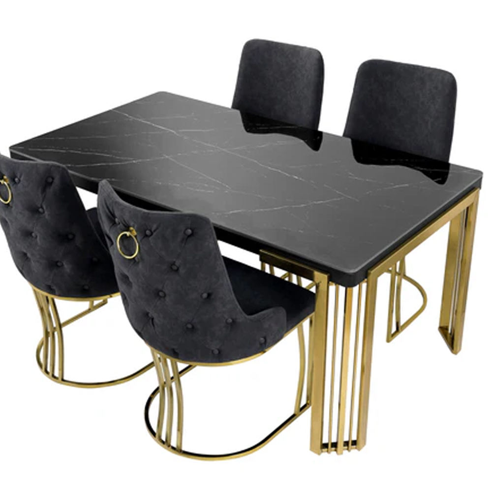 Davos Small Black Sintered Stone Dining Table With Gold Frame