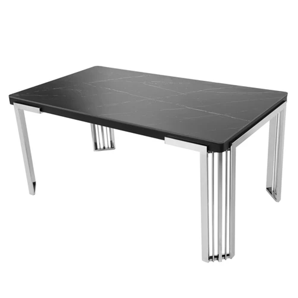 Davos Small Black Sintered Stone Dining Table With Silver Frame
