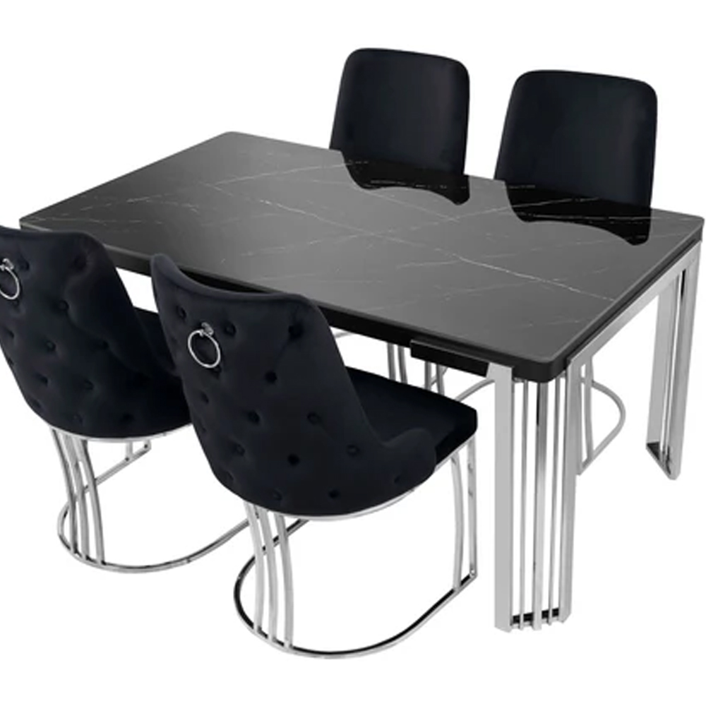 Davos Small Black Sintered Stone Dining Table With Silver Frame