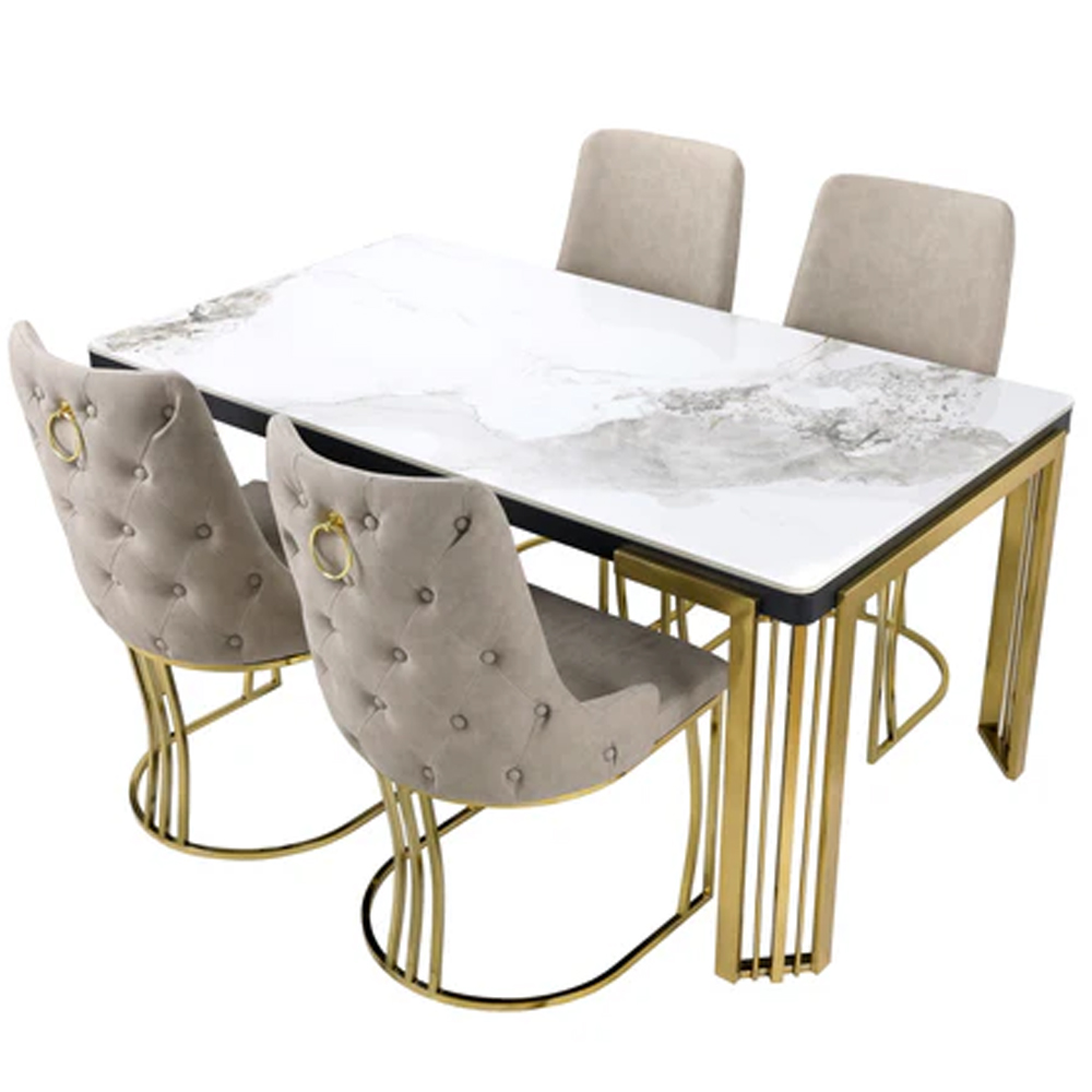 Davos Small White Sintered Stone Dining Table With Gold Frame