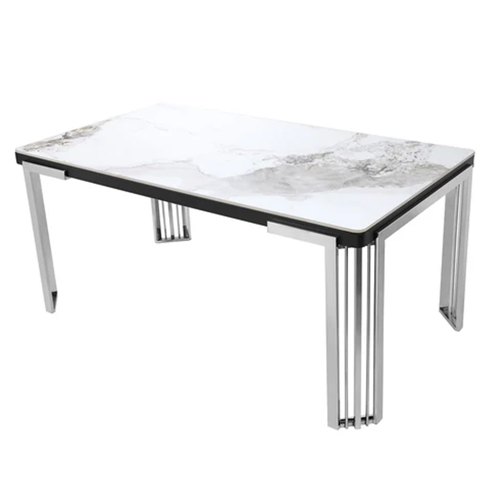 Davos Small White Sintered Stone Dining Table With Silver Frame