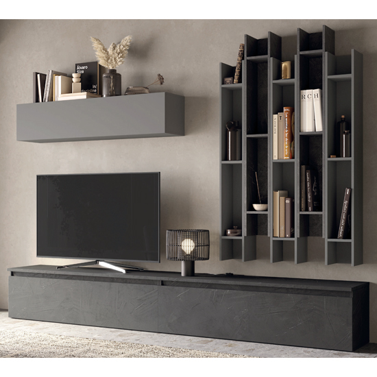 Read more about Davos wooden entertainment unit in slate effect and lead grey