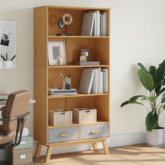 Read more about Dawlish wooden bookcase with 2 drawers in grey and brown