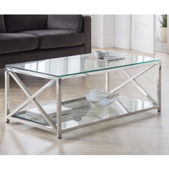 Product photograph of Maemi Glass Coffee Table With Chrome Stainless Steel Frame from Furniture in Fashion