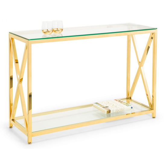 Maemi Glass Console Table With Gold Stainless Steel Frame